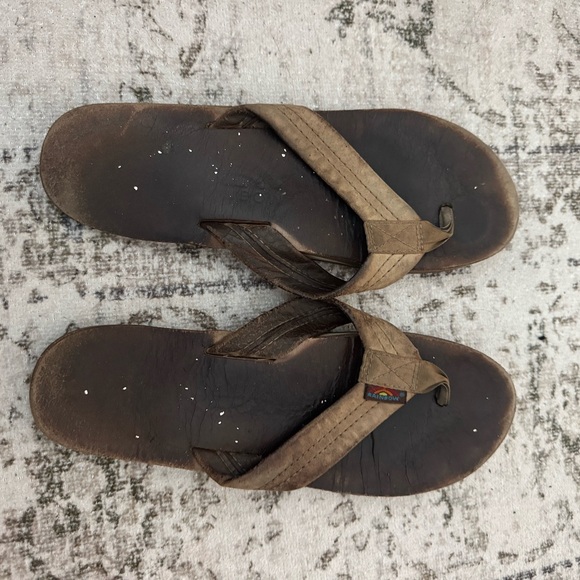 Rainbow Shoes - Brown Leather Flip Flops- Rainbows